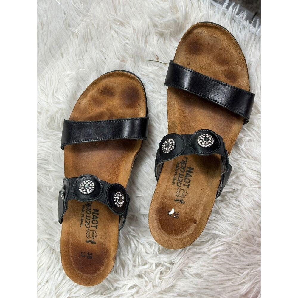 Naot Sandals Womens Size 7 EU 38 Black Leather Rhinestone Cork Wedge Slide